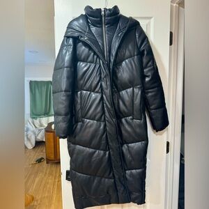 Abercrombie Women's Vegan Leather Ultra Long Puffer Coat, Black - Size Medium